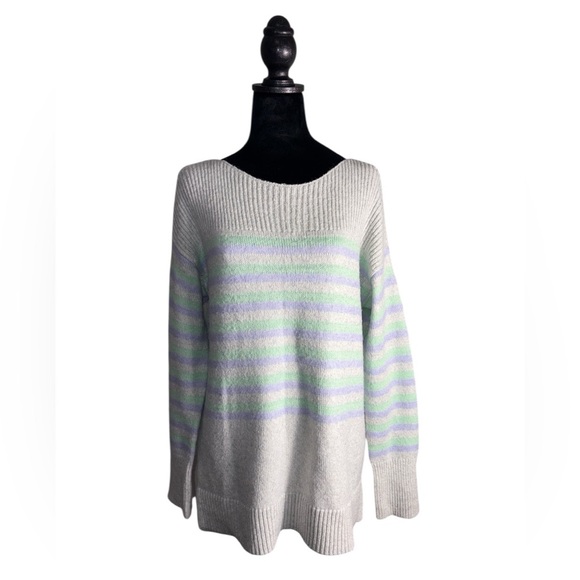 LOFT Sweaters - Ann Taylor LOFT Tunic Sweater Sz M Gray Aqua Blue Stripe Wool Blend Boat Neck